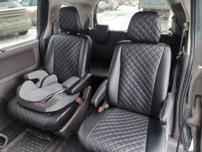Чехлы на сиденья Honda Freed (GB5-GB8), 2016-2024, 4 места, капитанские кресла, экокожа черная/ромб перфорация